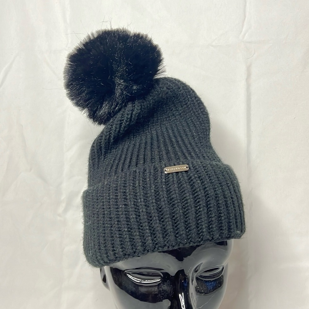 Steve Madden Women's Wide Cuff Ribbed Knit‎ Faux Fur Pom Black Beanie